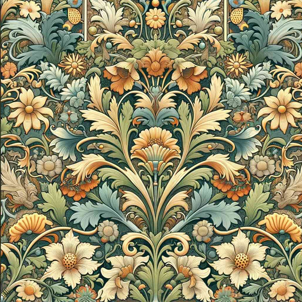 Barockzauber Flora Malen nach Zahlen Goldene Lilien mit detaillierten Blättern und Blüten in Erdtönen, Ockergelb und sanften Blautönen.