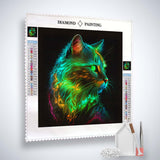 AB Diamond Painting Kit - Katze Neon Grün with acrylic diamonds, canvas, artist tweezers, and professional setting pen.