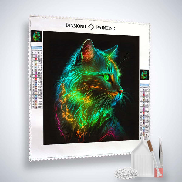 AB Diamond Painting Kit - Katze Neon Grün with acrylic diamonds, canvas, artist tweezers, and professional setting pen.