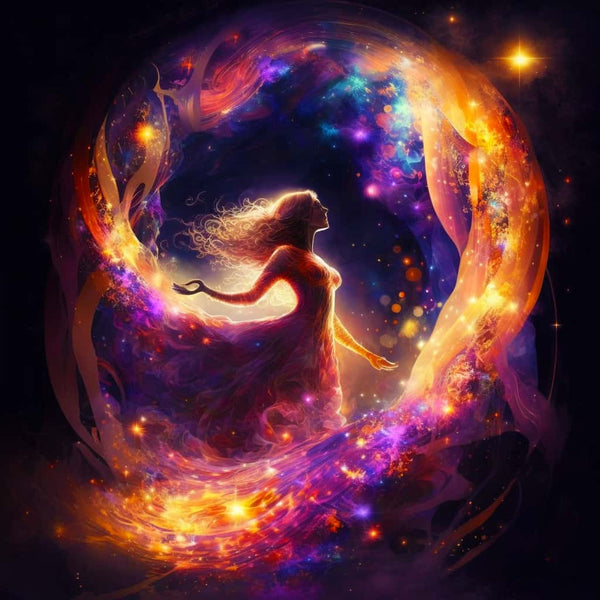 Frau im Kreis Diamond Painting Kit - Silhouette einer Frau in einem bunten, funkelnden Kreis, leuchtende Farben kunstvoll dargestellt