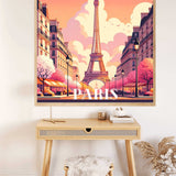 Malen nach Zahlen Pariser Frühlingstraum Wandkunst mit der Eiffelturm im Hintergrund, rosa Blüten und pastellfarbenem Himmel