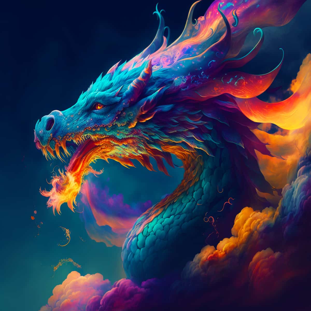 Colorful fantasy dragon breathing fire amid vibrant clouds - Diamond Painting Mondlichtschuppe design