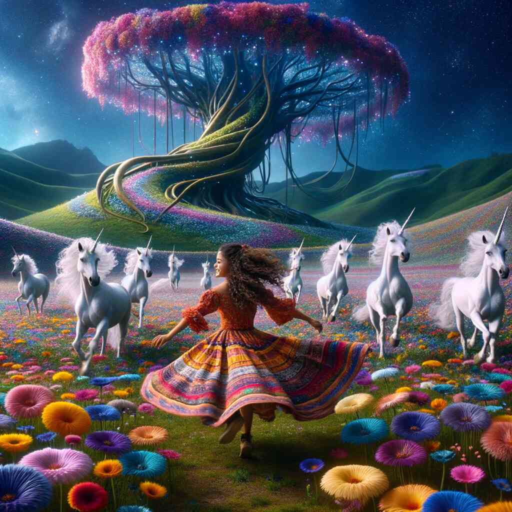 Woman in a colorful dress dancing among flowers with white unicorns under a magical tree in a dreamlike landscape.