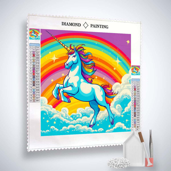 Diamond Painting Kit Einhorn farbenfroh mit Regenbogen - Leinwand, Acryl Diamonds, Pinzette und Setzstift enthalten