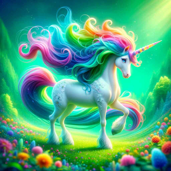 Colorful unicorn with flowing rainbow mane standing in a vibrant meadow, surrounded by colorful flowers and illuminated by soft sunlight.