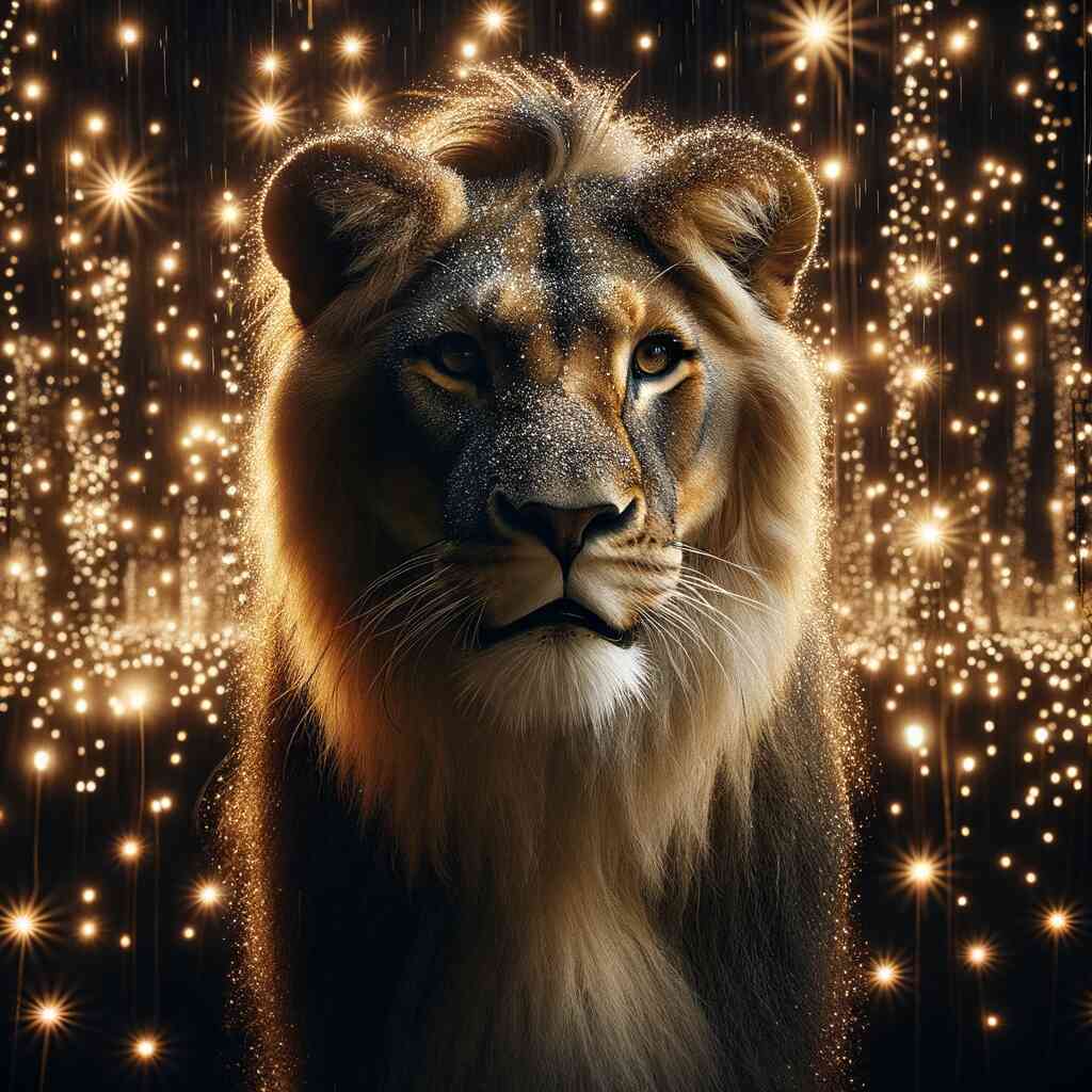 Painting by numbers of a majestic lion with a starry mane on a sparkling background