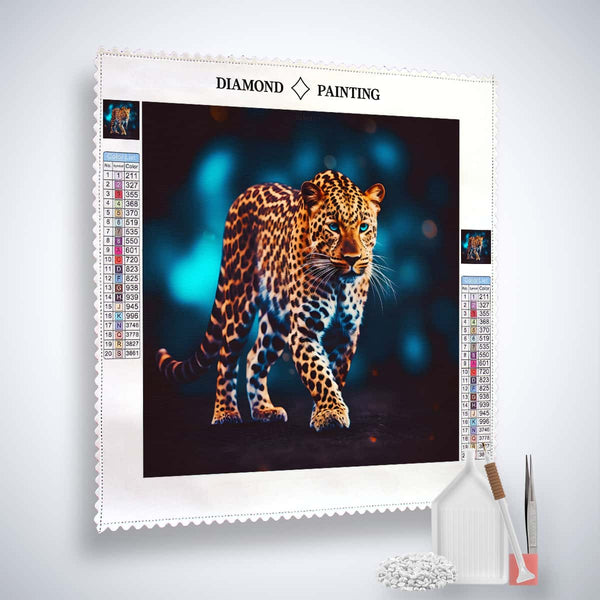 Diamond Painting Kit - Leopard Frontal laufend with canvass, acrylic diamonds, tweezers, and setzstift. Sparkling art project.