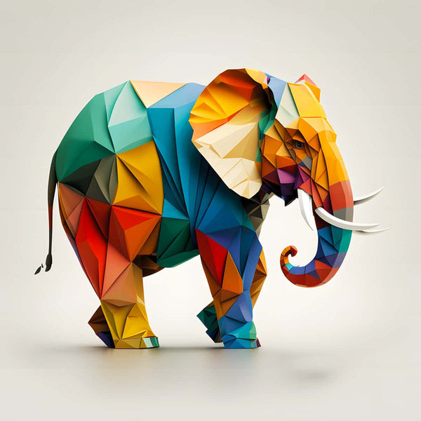 Diamond painting elephant paperart with vibrant multicolor geometric design.