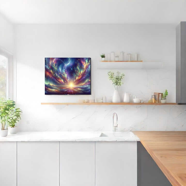 Malen nach Zahlen - Kosmisches Erwachen der Welt Kunstwerk an der Wand einer modernen weißen Küche