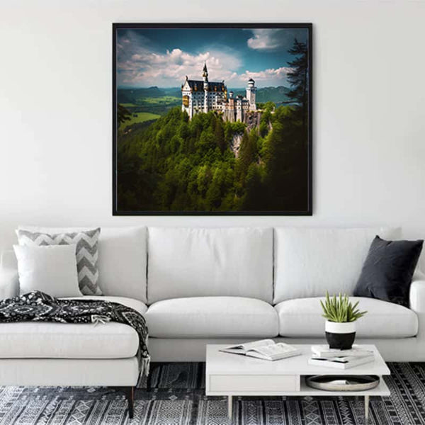 Living room with a framed painting of Schloss Neuschwanstein surrounded by greenery above a white couch.