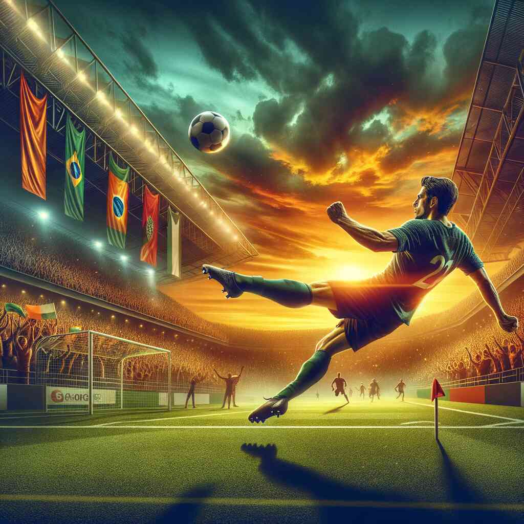 Soccer player mid-kick in a stadium with sunset sky, crowd and international flags, creating an intense and dynamic sports scene.