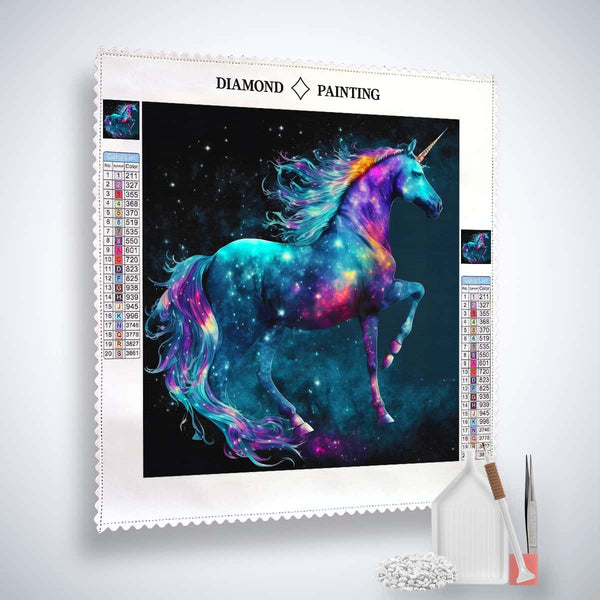 Diamond Painting Kit featuring a colorful unicorn design with tools and acrylic diamonds included.