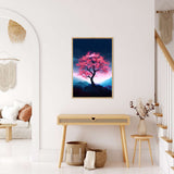 Painting of a vibrant Japanese tree in a minimalist room with modern decor.