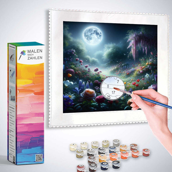Paint-by-numbers kit titled "Malen nach Zahlen - Mondnacht im Blumengarten" featuring a moonlit flower garden scene with painting supplies.