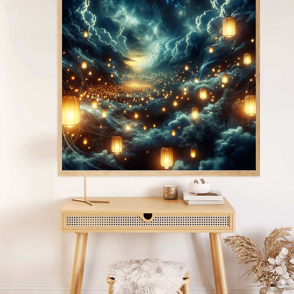 Painting by numbers kit "Sternennacht der Wünsche" depicting a dreamy night sky with glowing lanterns hung in a modern home interior.
