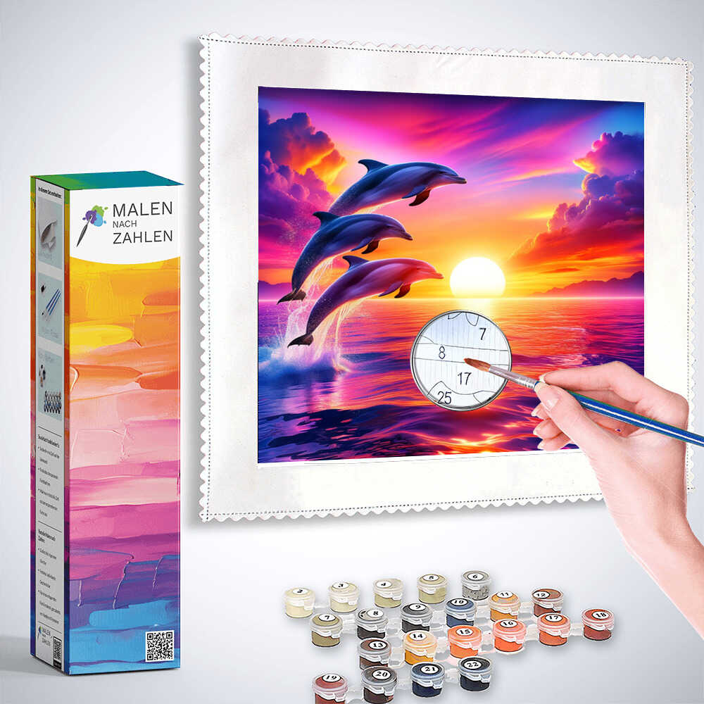 Painting by numbers kit - Ocean Dance with dolphins at sunset, includes paint, brush, and canvas.
