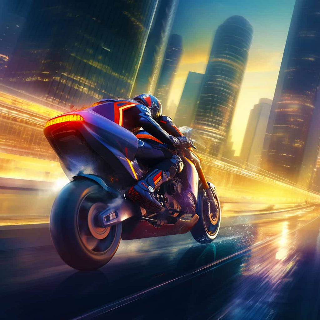 Urban jungle racer speeding through futuristic cityscape on a motorcycle at night with glowing trails and towering skyscrapers in the background.