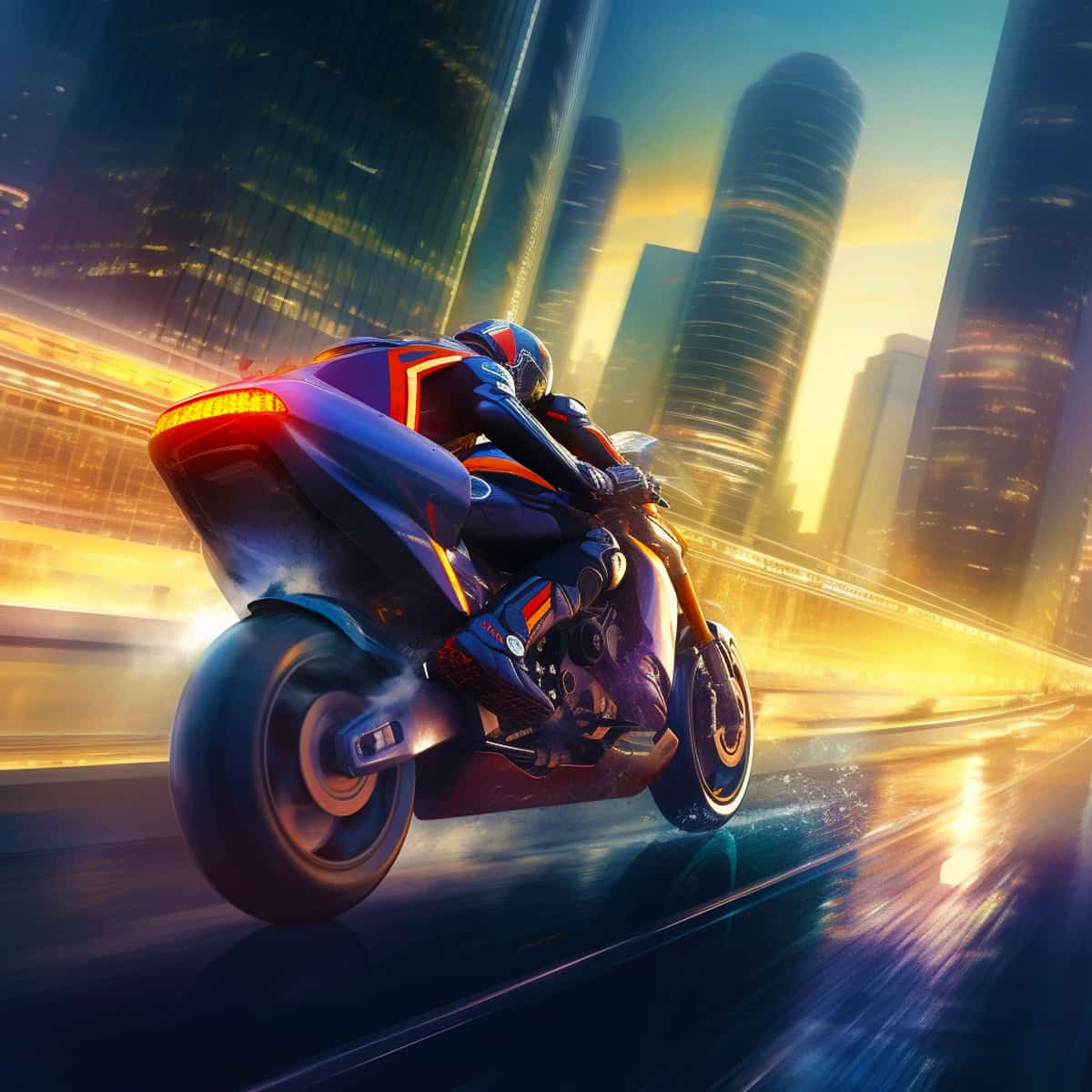 Futuristic motorcycle rider speeding through a vibrant cityscape at night.