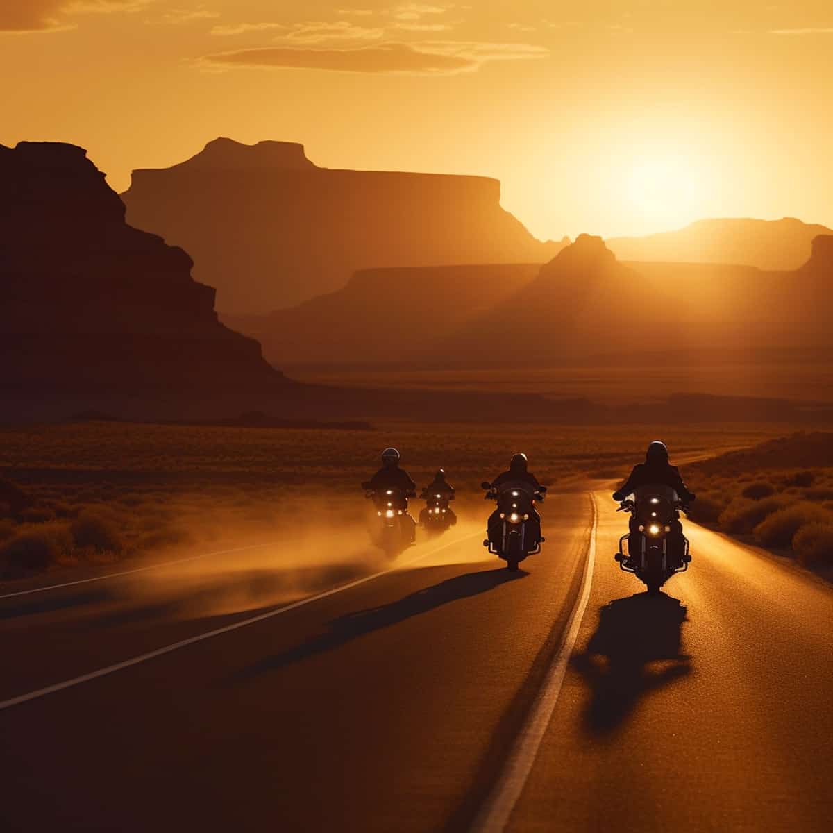 Three motorcyclists ride through a scenic desert landscape at sunset.
