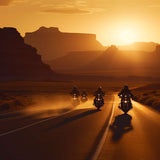 Three motorcyclists ride through a scenic desert landscape at sunset.