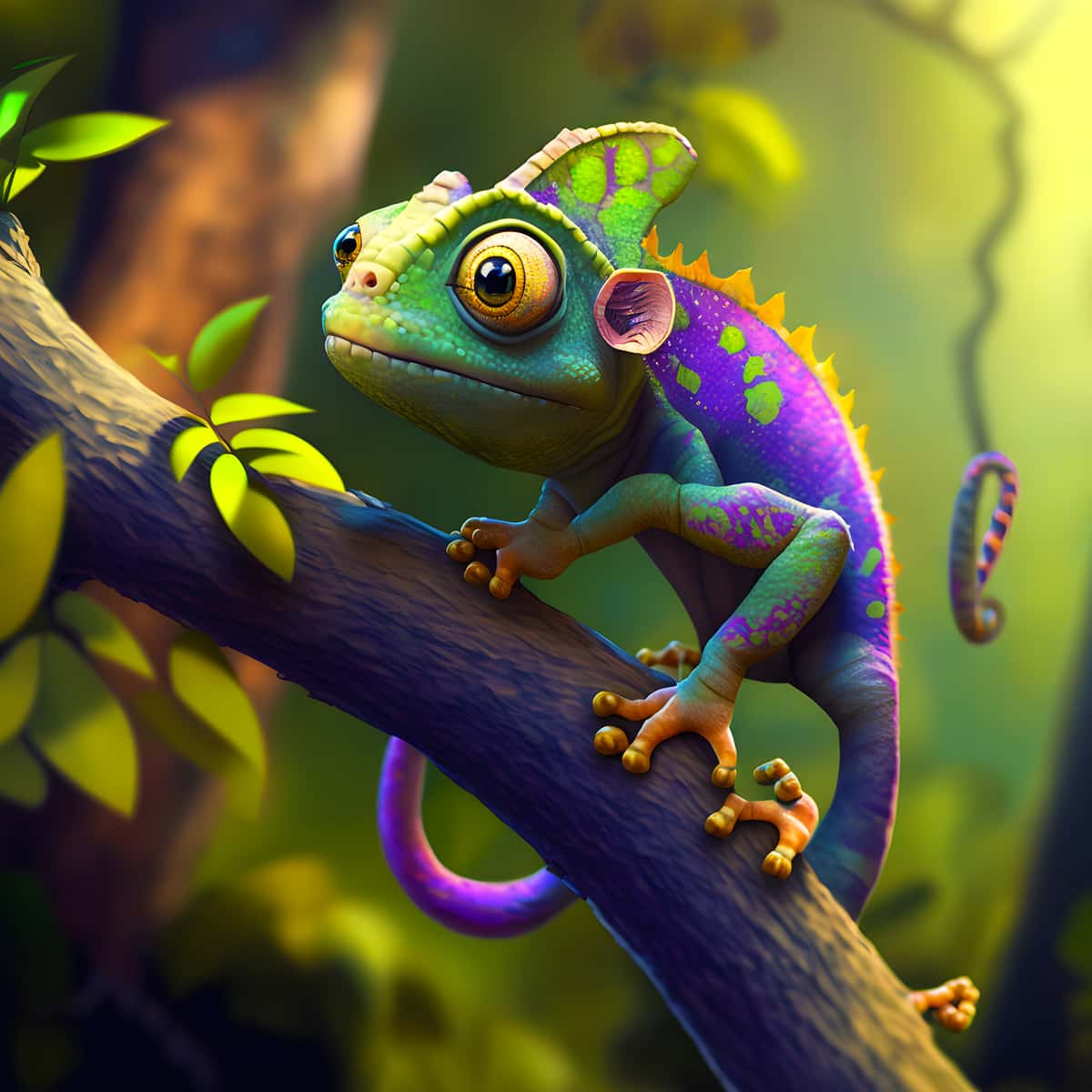 Colorful chameleon perched on a tree branch in a lush, green forest.