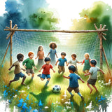Children enjoying a summer day playing soccer in a lush green field, captured in the 'Malen nach Zahlen - Kinder des Sommers' painting.
