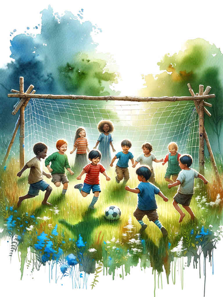 Children enjoying a summer day playing soccer in a lush green field, captured in the 'Malen nach Zahlen - Kinder des Sommers' painting.