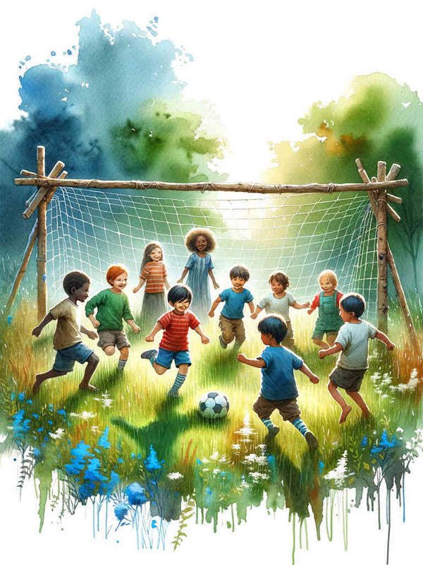 Children enjoying a summer day playing soccer in a lush green field, captured in the 'Malen nach Zahlen - Kinder des Sommers' painting.
