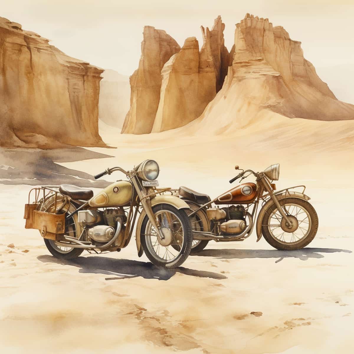 Vintage motorcycles parked in a desert landscape with towering rock formations in the background.