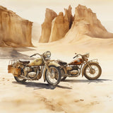 Vintage motorcycles parked in a desert landscape with towering rock formations in the background.