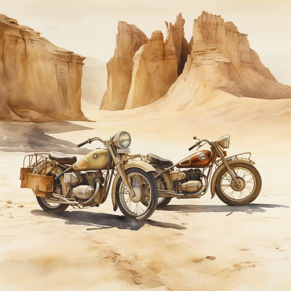 Vintage motorcycles parked in a desert landscape with towering rock formations in the background.