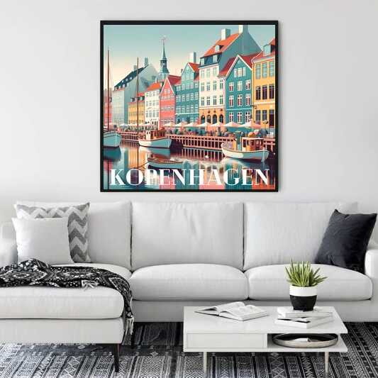 Malen nach Zahlen Kunstwerk Küstenzauber von Kopenhagen hängt an einer modernen Wohnzimmerwand.