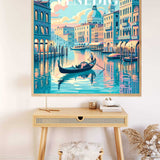 Malen nach Zahlen - Sehnsucht nach Venedig auf Leinwand, zeigt malerischen Kanal mit Gondel in Venedig, ideal für entspannende Kunstprojekte.
