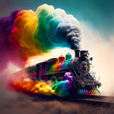 Colorful steam train emitting vibrant rainbow smoke - AB Diamond Painting - Farbzug
