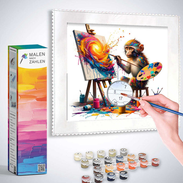 Paint by numbers kit - Farbenfrohe Fantasie showing a colorful painting of a monkey artist with included paint pots and brush.