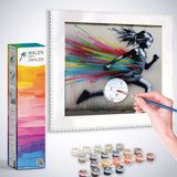 DIY painting kit - Malen nach Zahlen - Farbenflucht im Wind, showing colorful painting of running figure with paint pots and brush