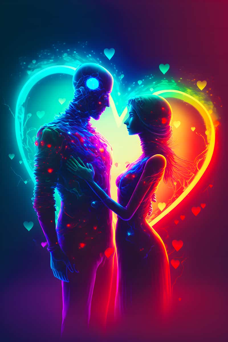 Romantic couple in neon light with a glowing heart background, featured in a Diamond Painting kit.