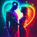 Romantic couple in neon light with a glowing heart background, featured in a Diamond Painting kit.