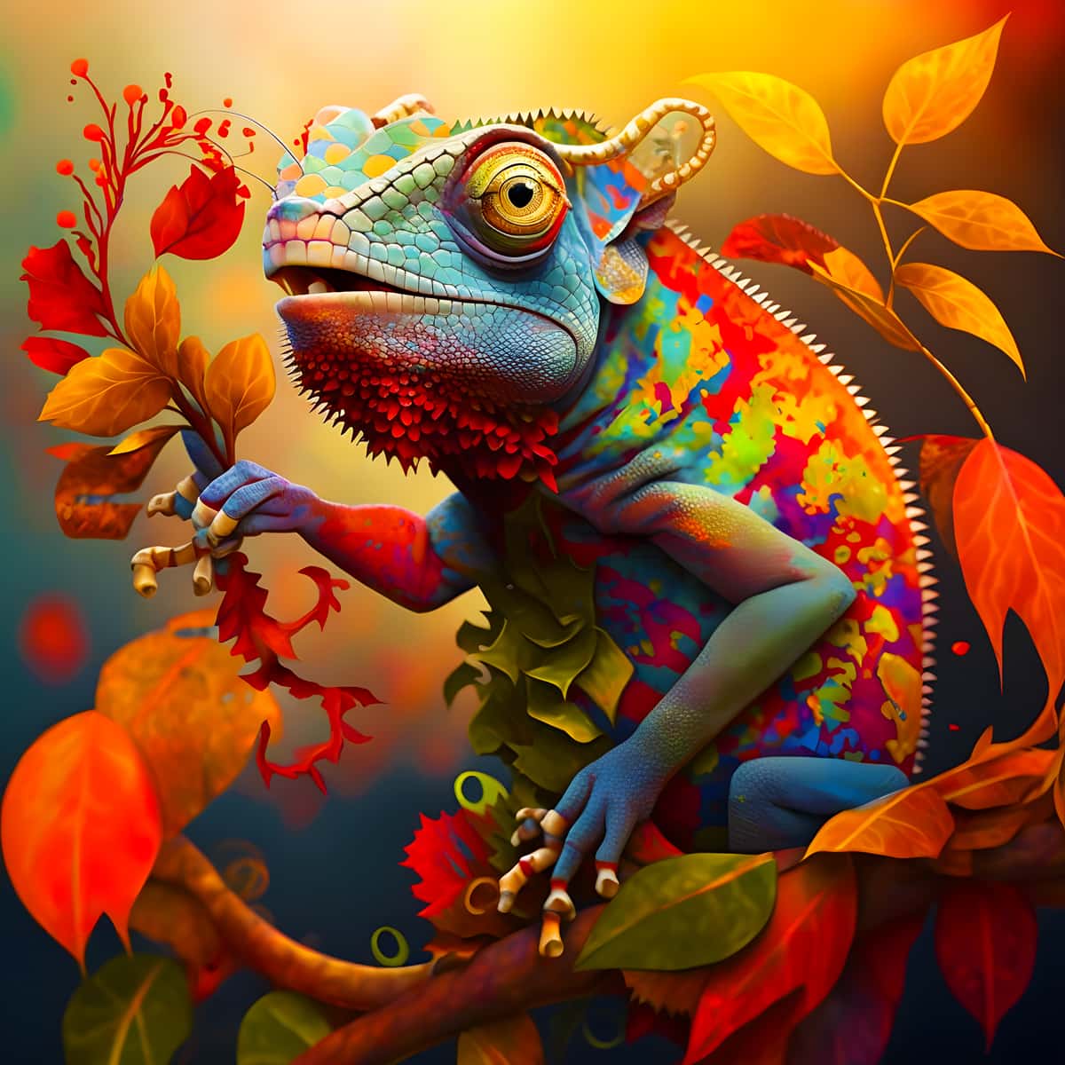 Colorful chameleon in a vibrant forest setting with autumn leaves - Malen nach Zahlen art project