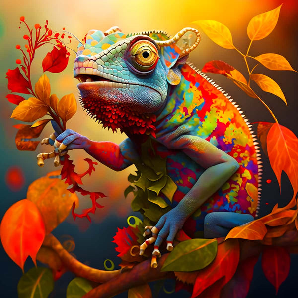 Colorful chameleon in vibrant forest setting - Diamond Painting Kit "Echse im Wald" with acrylic diamonds and setzstift