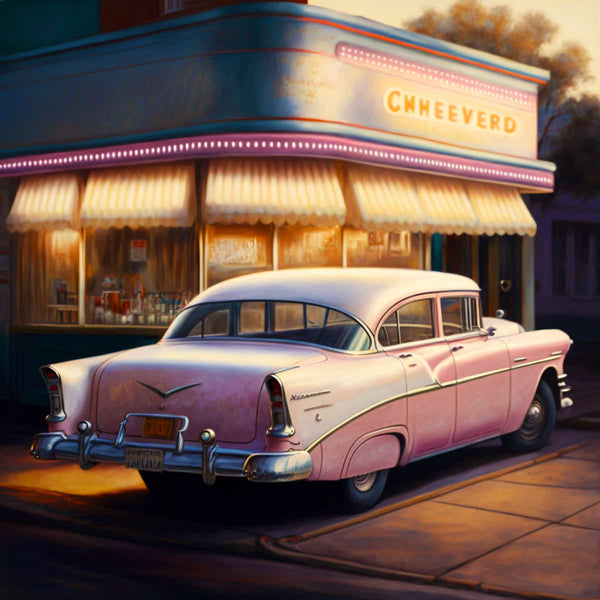 Vintage 1950s pink car parked by a nostalgic gas station at dusk, evoking mid-century romanticism.