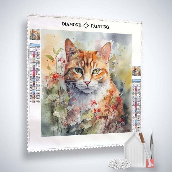Diamond Painting Kit featuring a mischievous cat portrait, including a professional canvas, acrylic diamonds, tweezers, and setting tools.