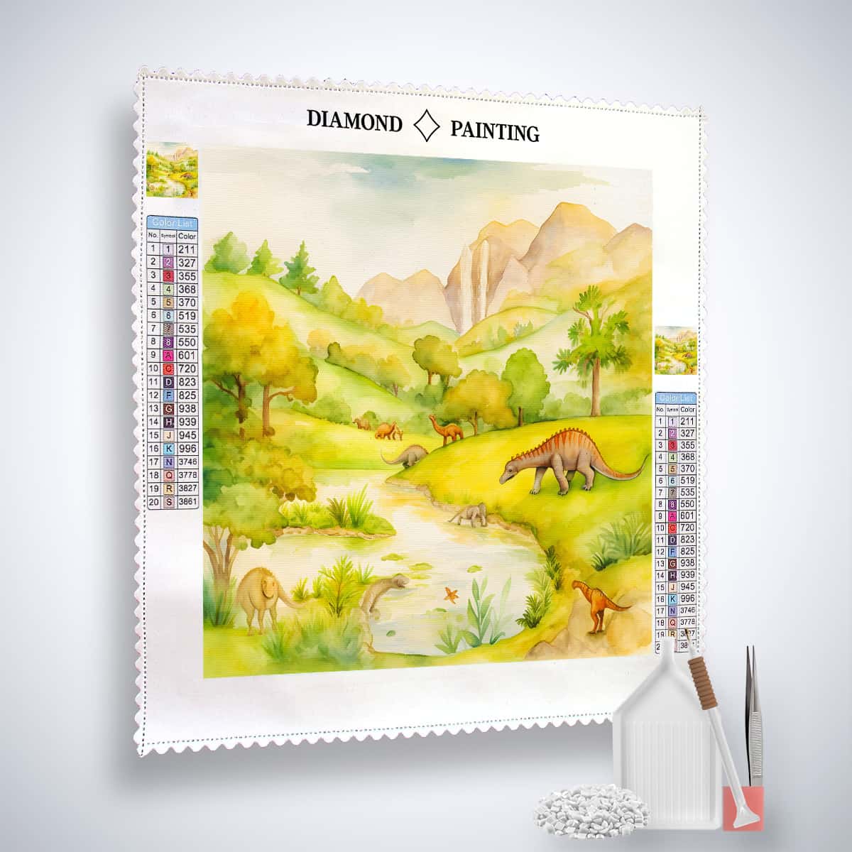 Diamond Painting Kit Prähistorische Dinosaurier mit Leinwand, Acryl Diamonds, Pinzette und Setzstift vor grünem Wald und Dinosaurier-Motiv