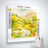 Diamond Painting Kit Prähistorische Dinosaurier mit Leinwand, Acryl Diamonds, Pinzette und Setzstift vor grünem Wald und Dinosaurier-Motiv