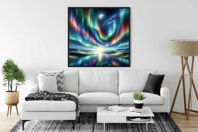 Painting of polar lights in a serene landscape displayed on living room wall above a white sofa.