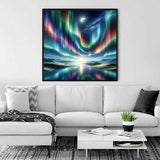 Painting of polar lights in a serene landscape displayed on living room wall above a white sofa.