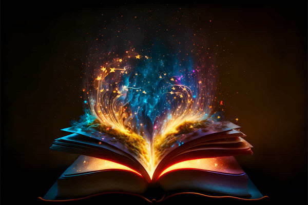 An open magical book emitting colorful, enchanted light, symbolizing creativity and relaxation of painting by numbers in Zauberbuch Licht.