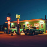 Nostalgic gas station at night with vintage cars and neon signs, created as a sparkling Diamond Painting kit.