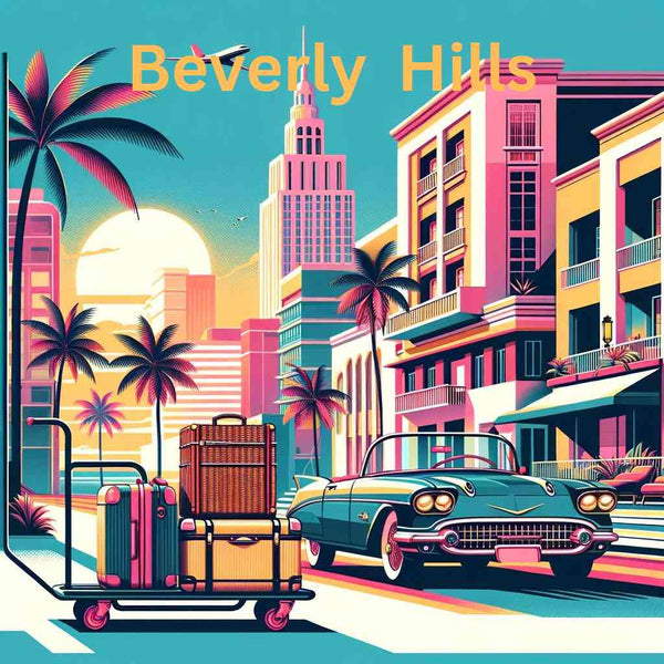 Retro illustration of Beverly Hills with classic car, palm trees, and luggage trolley at sunset.