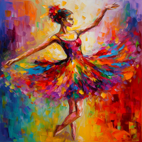 Ballerina in vibrant colorful dress dancing gracefully amidst abstract background in Malen nach Zahlen - Farbtanz Frau painting.